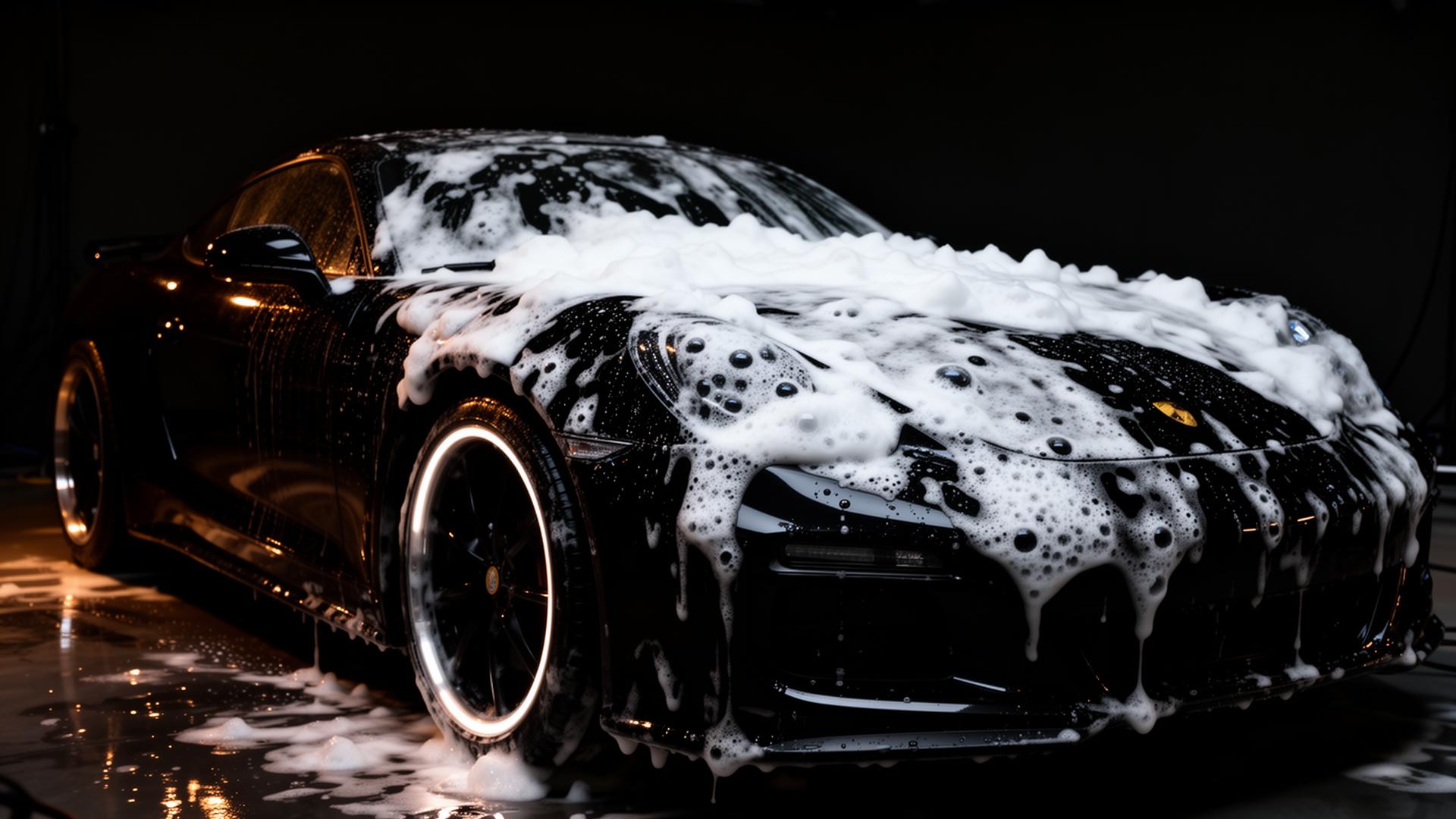 Glossy black car covered in detailing foam